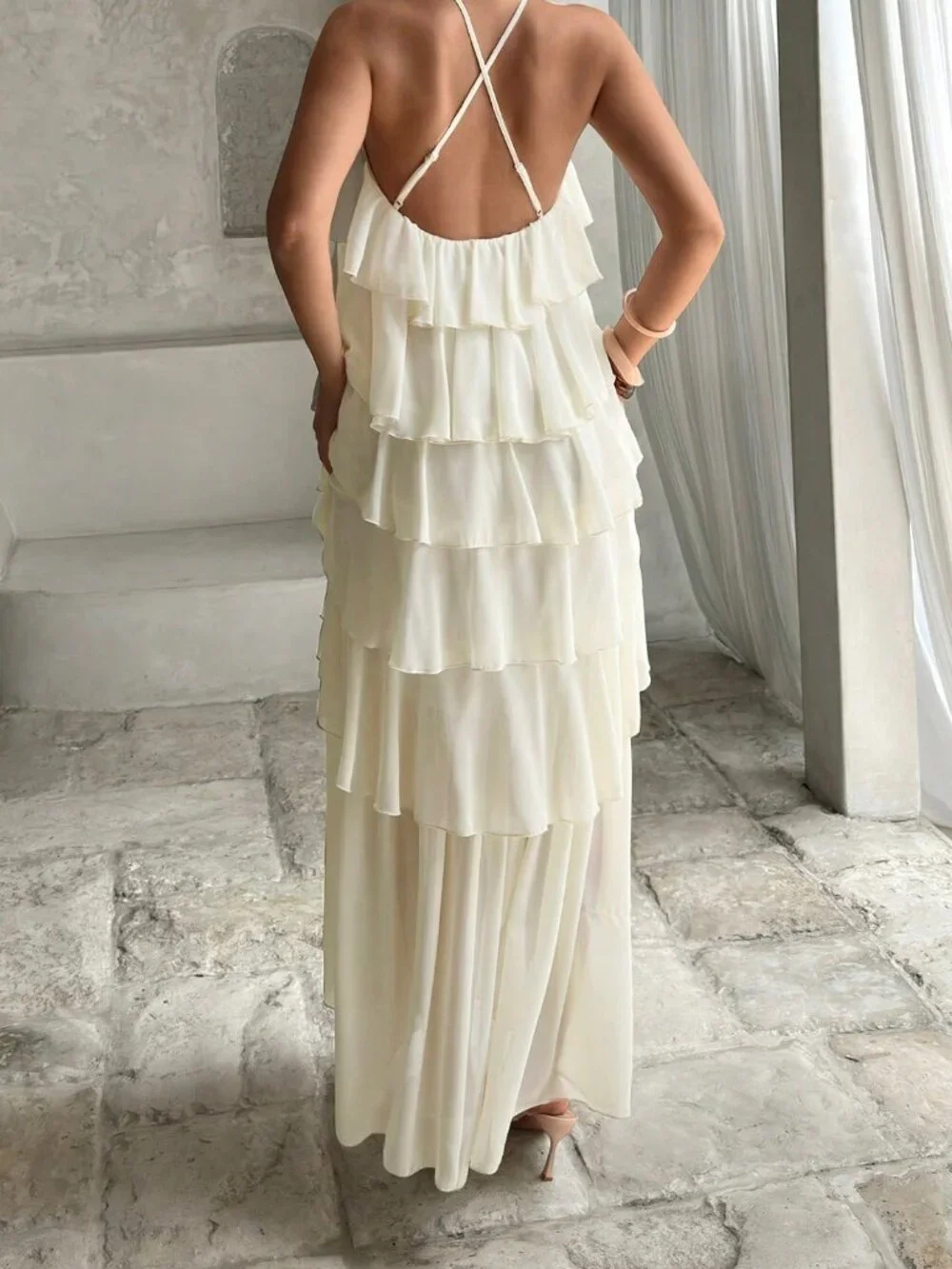 Apricot Boho Women's Elegant Romantic Layered Ruffle Halter Dress - Picture 2 of 7